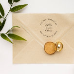 Modern Script Wedding Round Return Address Rubber Stamp<br><div class="desc">Experience wedding elegance with our round return address wooden stamp!

Picture your names in graceful script,  encircled by return details. The black and white design features a unique minimalist serif typography.

Each stamp captures your union's essence,  subtly captivating attention.

Get yours now and redefine the allure of your wedding!</div>