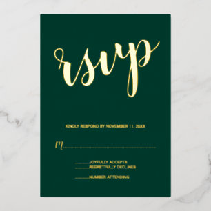 Modern Script Wedding RSVP Emerald and Gold Foil Invitation