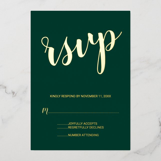 Modern Script Wedding RSVP Emerald and Gold Foil Invitation (Front)