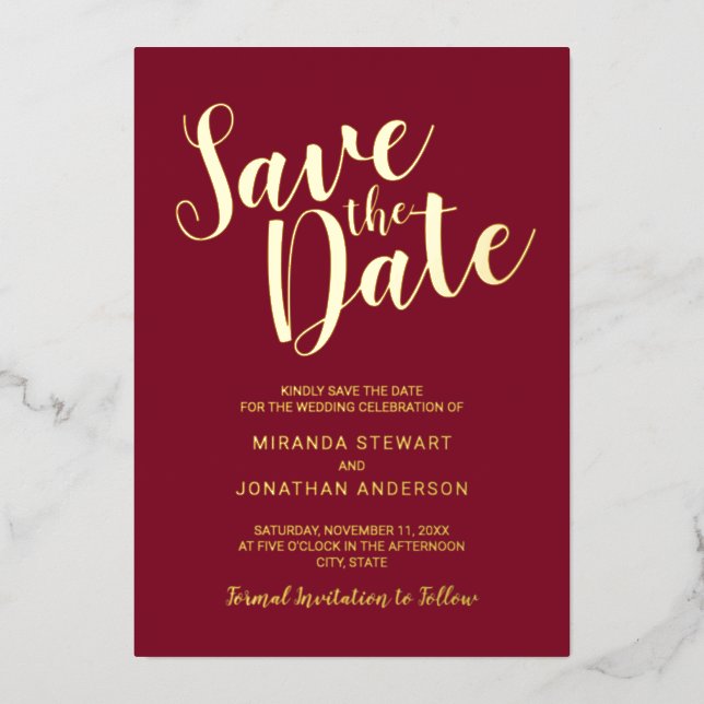 Modern Script Wedding Save the Date Burgundy Gold Foil Invitation (Front)