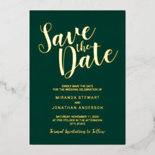 Modern Script Wedding Save the Date Emerald Gold Foil Invitation