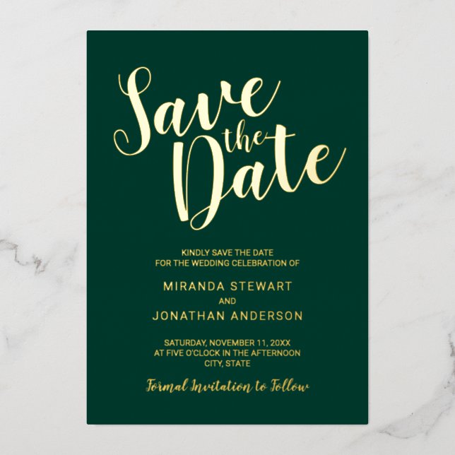 Modern Script Wedding Save the Date Emerald Gold Foil Invitation (Front)