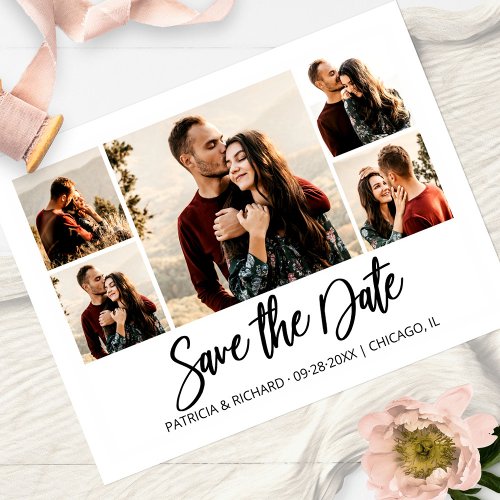 Modern Script Wedding Save The Date Photo Collage Postcard