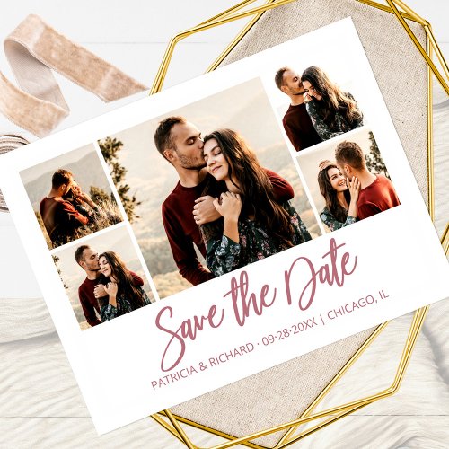 Modern Script Wedding Save The Date Photo Collage Postcard