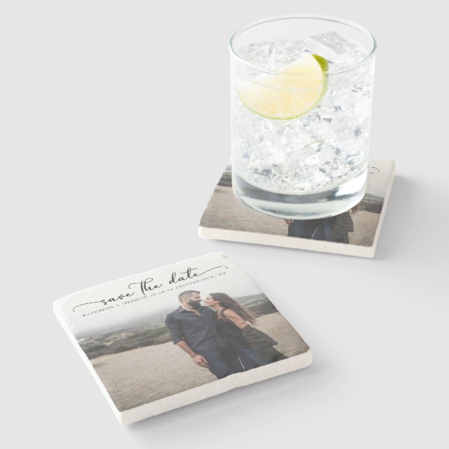 Modern Script Wedding Save the Date Stone Coaster (Side)