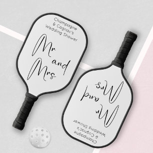 Modern Script Wedding Shower Mr and Mrs Pickleball Paddle