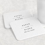 Modern Script Wedding Square Paper Coaster<br><div class="desc">This modern script wedding favor square paper coaster is perfect for a minimalist wedding. The simple black and white design features unique industrial lettering typography with modern boho style. Customizable in any color. Keep the design minimal and elegant, as is, or personalize it by adding your own graphics and artwork....</div>