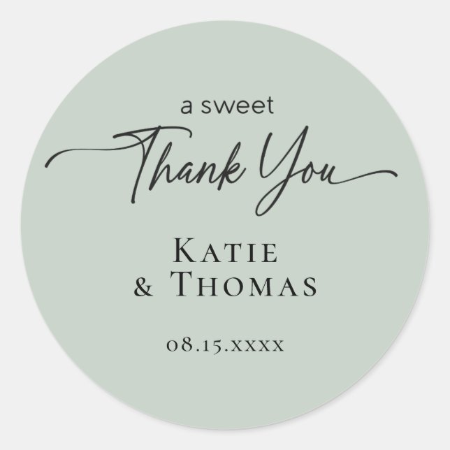 Modern Script Wedding Thank You Favor Sage Sticker (Front)