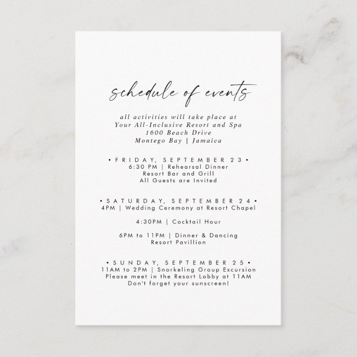 Modern Script Wedding Weekend Schedule of Events Enclosure Card | Zazzle