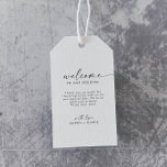 Modern Script Wedding Welcome Gift Tags<br><div class="desc">These modern script wedding welcome gift tags are perfect for a minimalist wedding. The simple black and white design features unique industrial lettering typography with modern boho style. Customizable in any color. Keep the design minimal and elegant, as is, or personalize it by adding your own graphics and artwork. Personalize...</div>