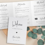 Modern Script Wedding Welcome Letter & Itinerary Tri-Fold Program<br><div class="desc">Planning a destination wedding, or expecting lots of out of town guests? Share a welcome message for your wedding guests as well as an itinerary or schedule of the weekend's events, with this simple and elegant modern design featuring handwritten script accents. Personalize the inside with a personal welcome message and...</div>