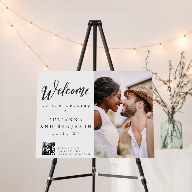 Modern Script Wedding Welcome Photo Program QR   Foam Board (In Situ (Stand))