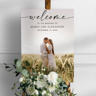 Modern Script Wedding Welcome Sign with Photo