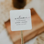 Modern Script Wedding Welcome Square Sticker<br><div class="desc">These modern script wedding welcome stickers are perfect for a minimalist wedding. The simple black and white design features unique industrial lettering typography with modern boho style. Customizable in any color. Keep the design minimal and elegant, as is, or personalize it by adding your own graphics and artwork. Personalize these...</div>