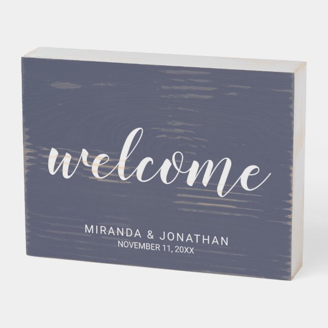 Modern Script Wedding Welcome Wooden Box Sign (Angled Horizontal)