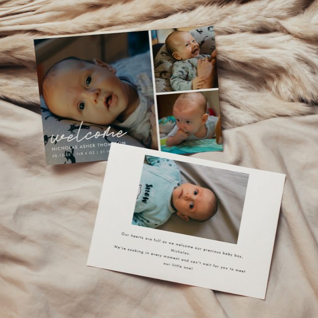 Modern Script "Welcome" 4-Photo Baby Birth Announcement (Creator Uploaded)