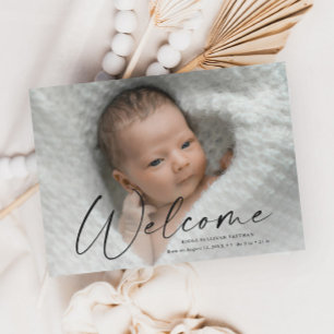 Modern Script Welcome Baby Photo Birth Details Thank You Card