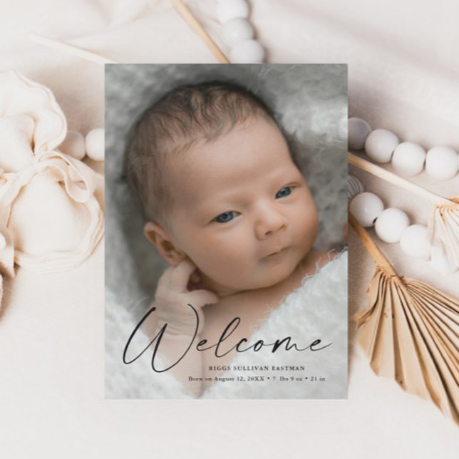 Modern Script Welcome Baby Photo Birth Details Thank You Card (Creator Uploaded)