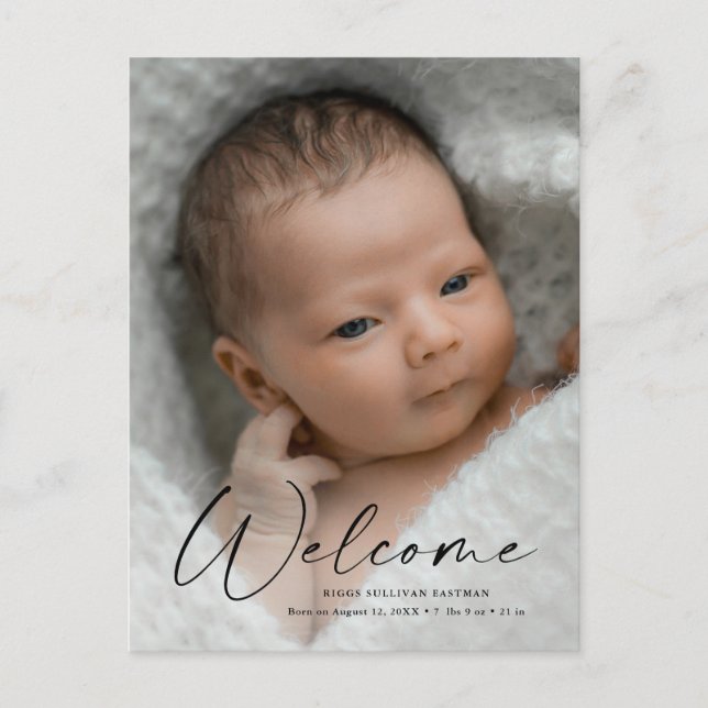 Modern Script Welcome Baby Photo Birth Thank You Postcard (Front)