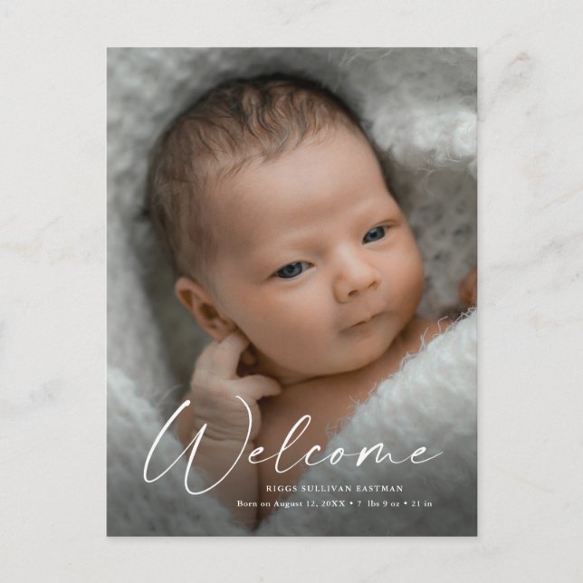 Modern Script Welcome Baby Photo Birth Thank You Postcard (Front)