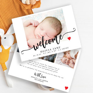 Modern script welcome new baby photo collage birth announcement