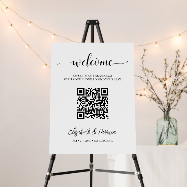 Modern Script Welcome Seating Chart QR Code Sign (In Situ (Stand))