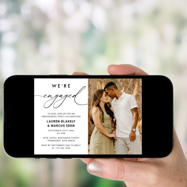 Modern Script We're Engaged Photo Engagement Party Invitation (Front Digital)