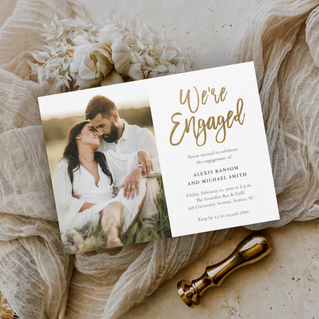 Modern Script We're Engaged Photo Engagement Party Invitation | Zazzle