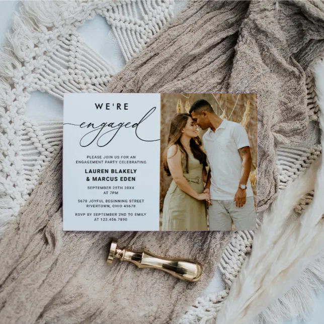 Modern Script We're Engaged Photo Engagement Party Invitation | Zazzle