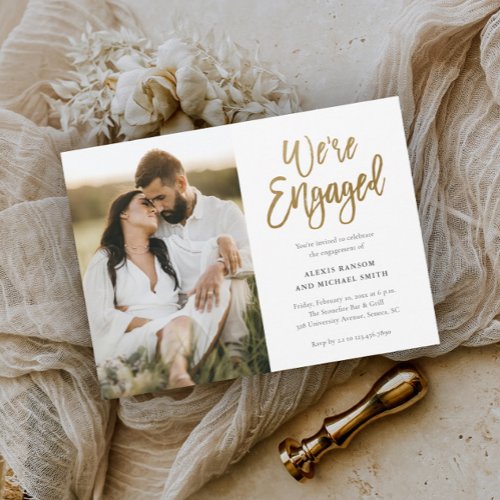 Modern Script Were Engaged Photo Engagement Party Invitation
