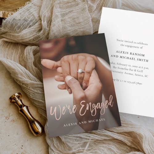 Modern Script Were Engaged Photo Engagement Party Invitation