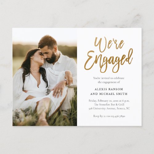 Modern Script We're Engaged Photo Engagement Party Invitation Postcard