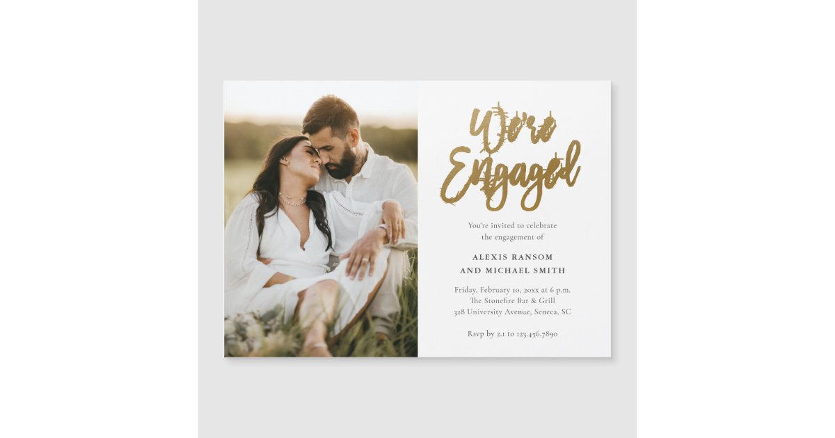Engaged Text Script Modern Script We're Engaged Photo Engagement Party Magnetic Invitation ...