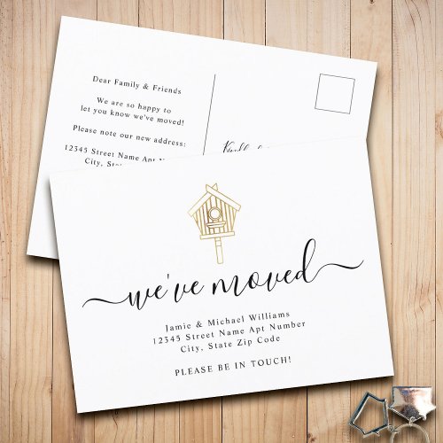 Modern Script Weve Moved Gold Bird House Moving Announcement Postcard