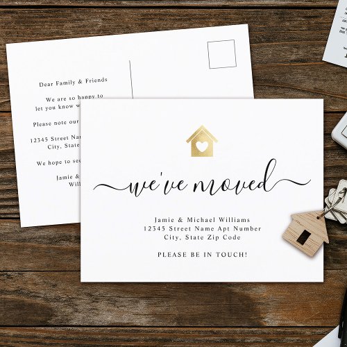 Modern Script Weve Moved Gold Heart House Moving Announcement Postcard