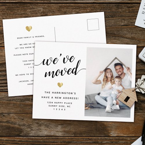 Modern Script Weve Moved Gold Heart Photo Moving Announcement Postcard