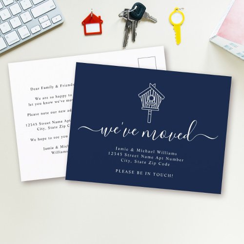 Modern Script Weve Moved Navy Bird House Moving Announcement Postcard