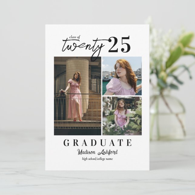 Modern Script White 3 Photo Collage Graduation Announcement (Standing Front)
