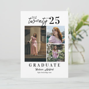 Modern Script White 3 Photo Collage Graduation Announcement