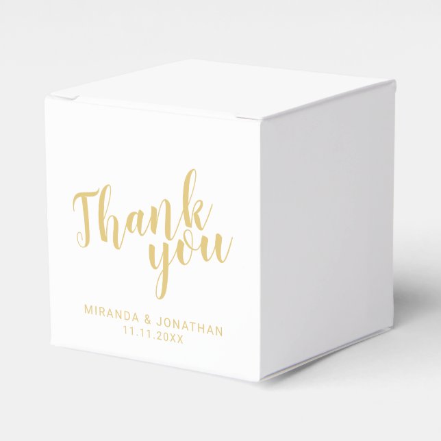 Modern Script White and Gold Wedding Favor Boxes (Front Side)