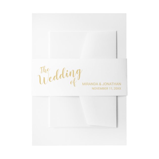 Modern Script White and Gold Wedding Invitation Belly Band (Front Example)