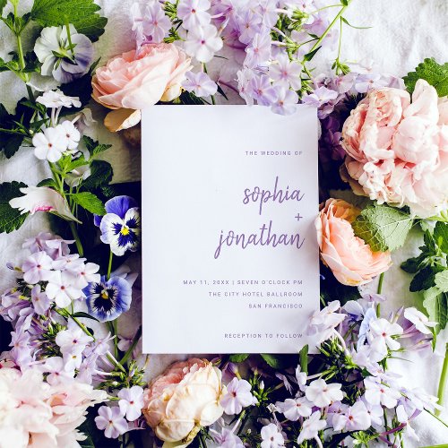 Modern Script  White and Lavender Wedding Invitation