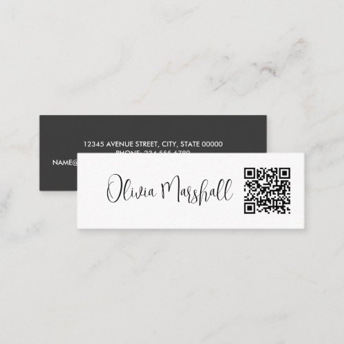 Modern Script White Black Minimalist QR CODE  Mini Business Card