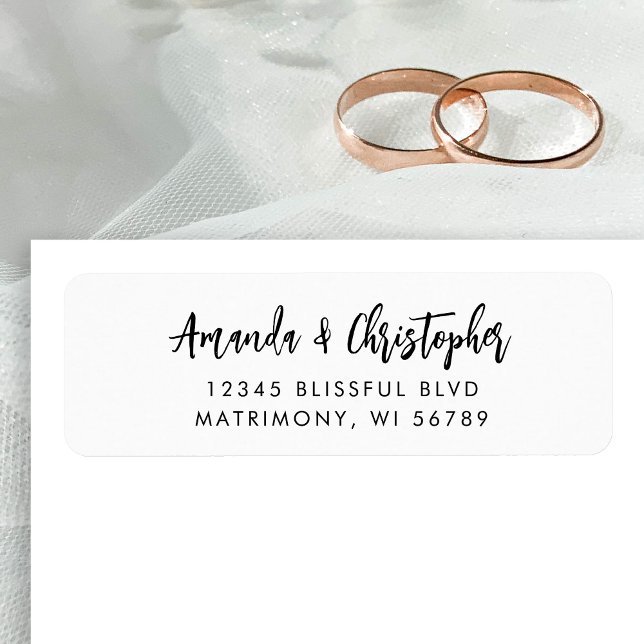 Modern Script White Black Wedding Return Address Label (Creator Uploaded)