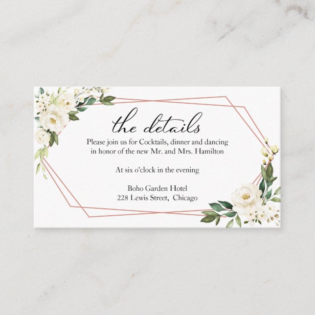 Modern Script White Floral Geometric Details Card (Front)