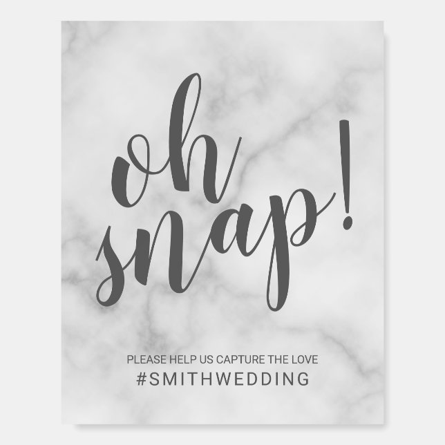Modern Script White Marble Oh Snap Wedding Sign (Front)