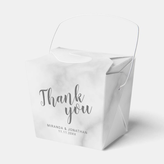 Modern Script White Marble Wedding Favor Boxes (Front Side)
