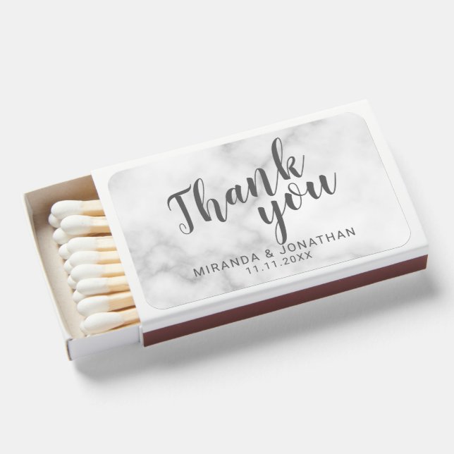 Modern Script White Marble Wedding Favor Thank You Matchboxes (Front Open)
