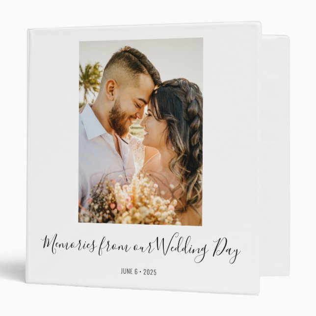 Modern Script White Our Wedding Day Wedding Album 3 Ring Binder (Front/Inside)