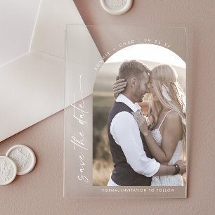 Modern Script White Photo Wedding Save the Date Acrylic Invitations
